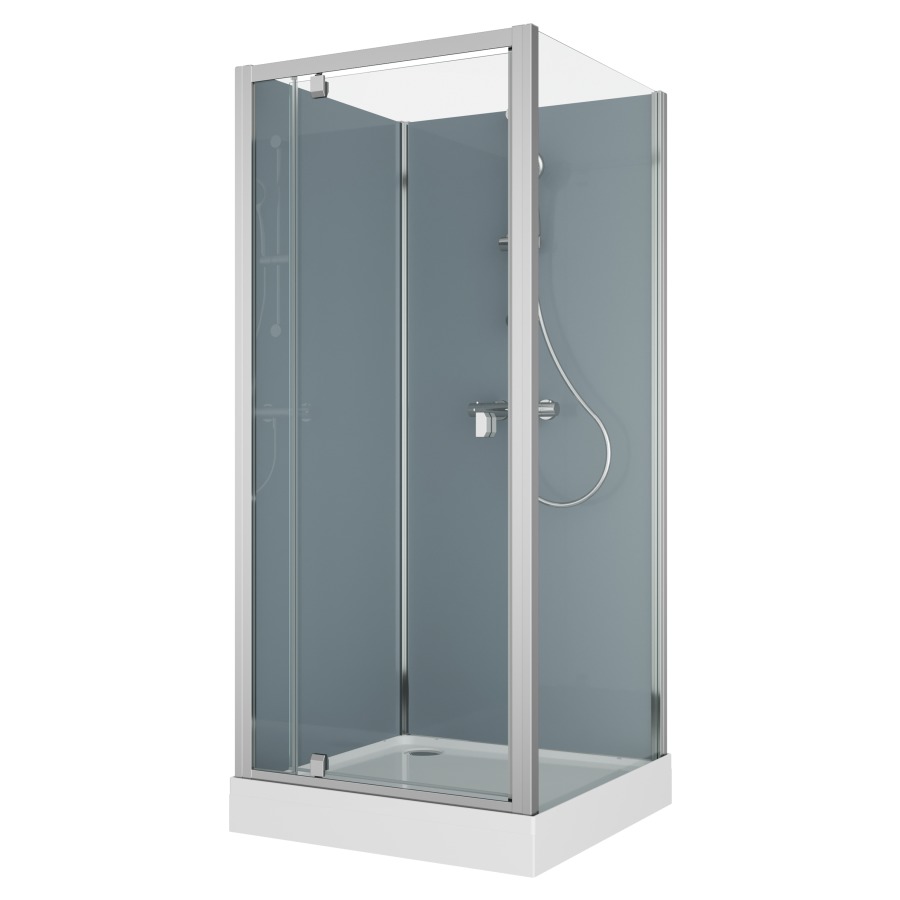 Cabine douche Modul
90 x 90 cm, H 203 cm
receveur de douche blanc
2 panneaux arrière, porte
tournante avec partie fixe et
cloison latéral, montage en
angle, robinetterie version 3