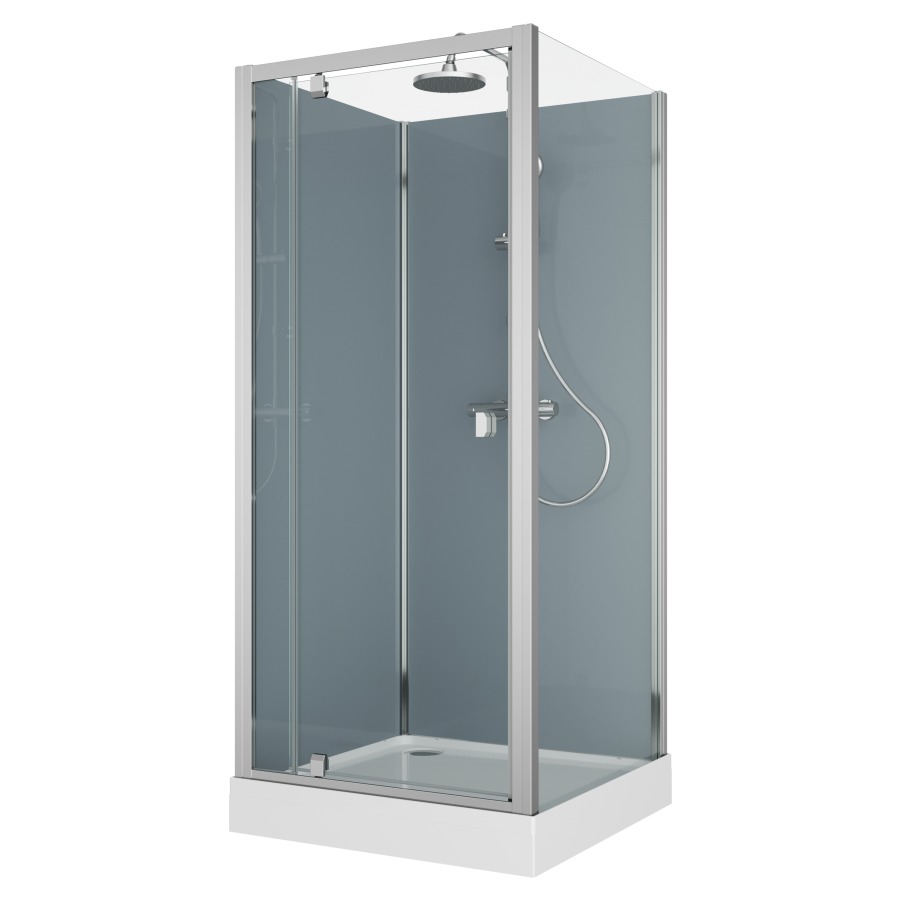 Cabine douche Modul
90 x 90 cm, H 203 cm
receveur de douche blanc
2 panneaux arrière, porte
tournante avec partie fixe et
cloison latéral, montage en
angle, robinetterie version 4