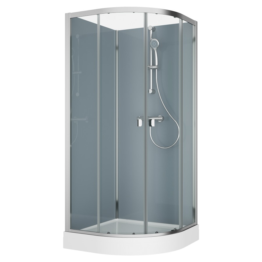 Cabine douche Modul
90 x 90 cm, H 203 cm
douche quart de cercle blanc
2 panneaux arrière, entrée
diagonale, portes coulissantes
avec partie fixe, montage
en angle, robinetterie
version 3