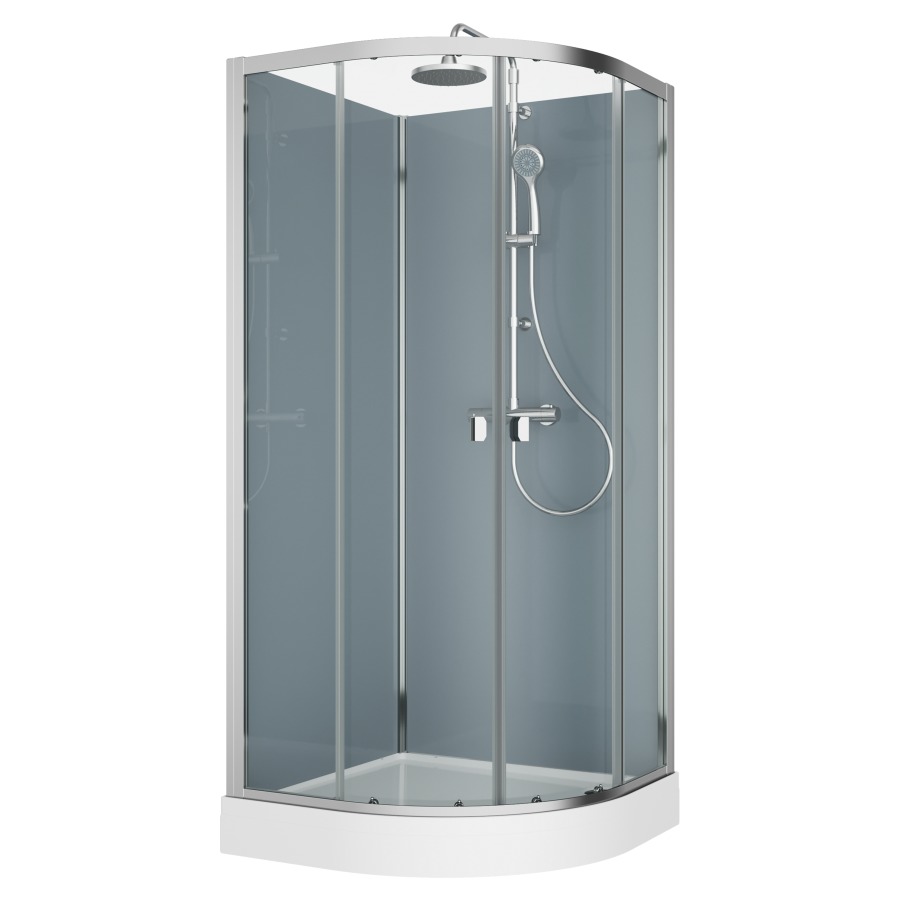 Cabine douche Modul
90 x 90 cm, H 203 cm
douche quart de cercle blanc
2 panneaux arrière, entrée
diagonale, portes coulissantes
avec partie fixe, montage
en angle, robinetterie
version 4