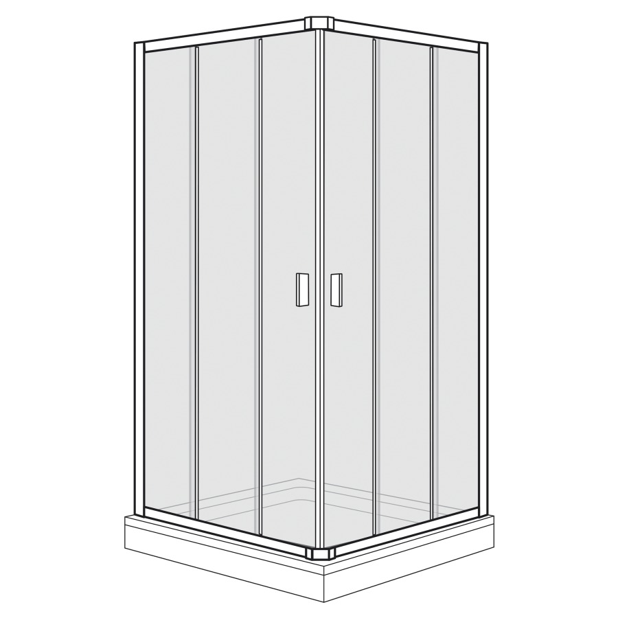 Entrée diagonale Optima 400
77.8-80.3 x 77.8-80.3 cm, H 190 cm 
porte coulissante en 3&nbsp;parties à gauche et à droite
encadré