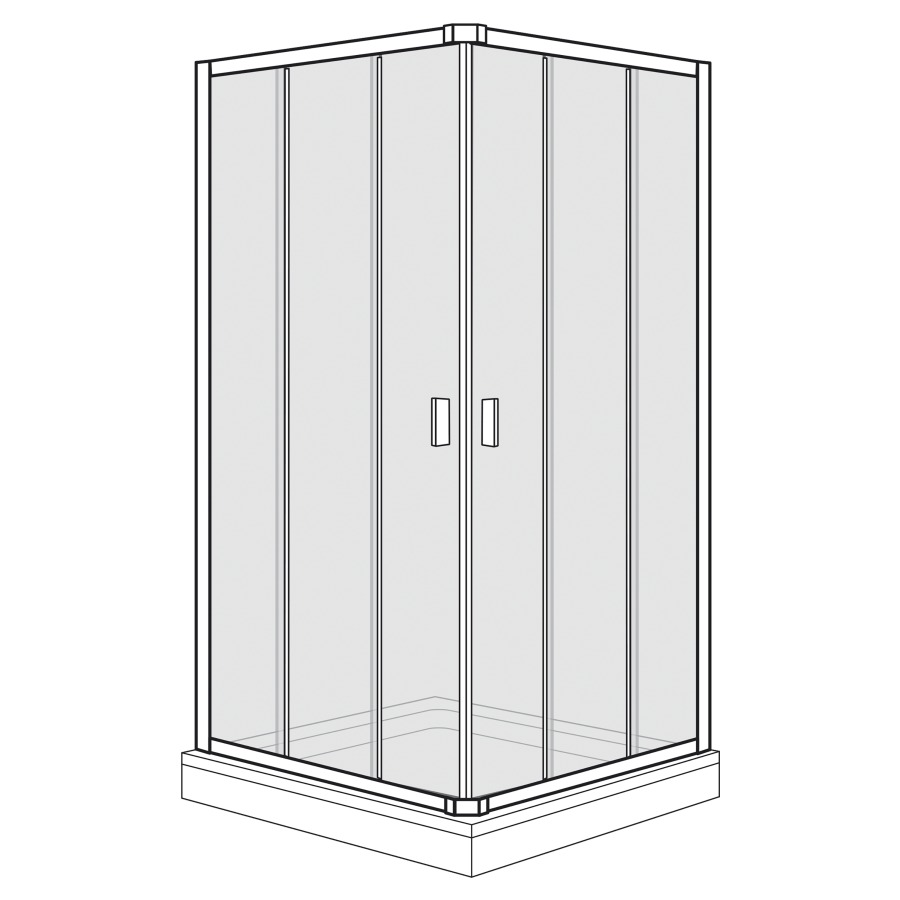 Entrée diagonale Optima 400
77.8-80.3 x 97.8-100.3 cm, H 190 cm 
porte coulissante en 3&nbsp;parties à gauche et à droite
encadré