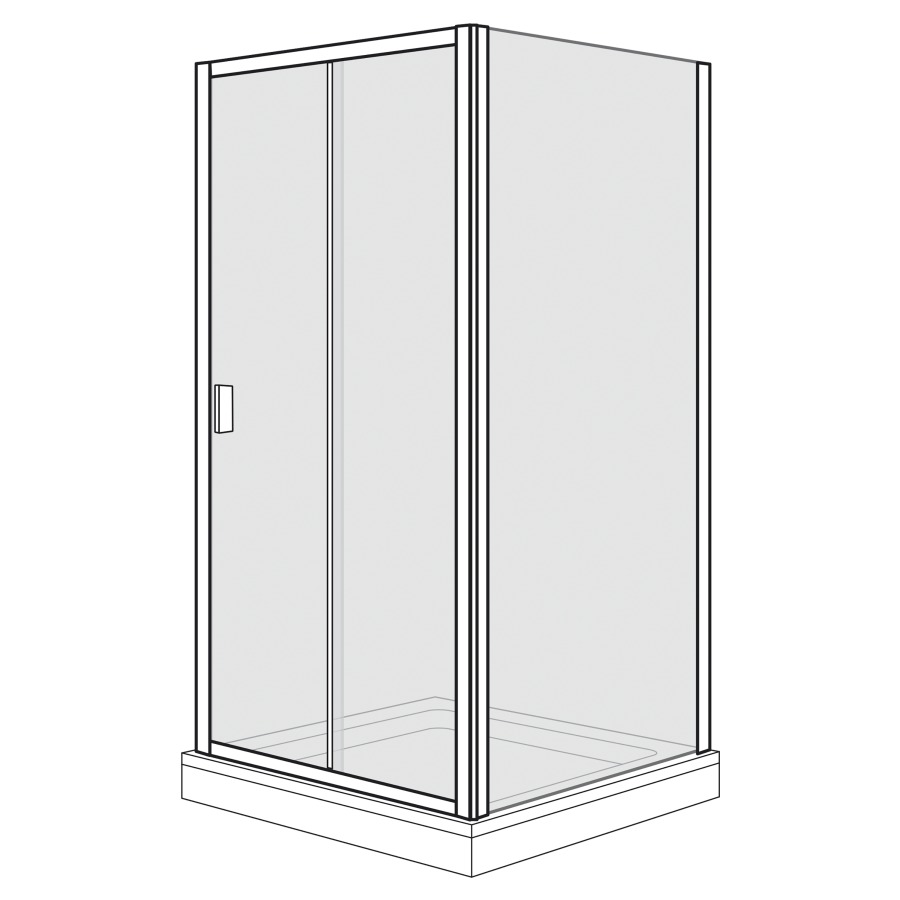 Porte coulissante Optima 400
137.8-142.8 cm, H 190 cm
2 panneaux, avec cloison
latérale à droite 87,8-90,3 cm
partie fixe sur cloison
latérale