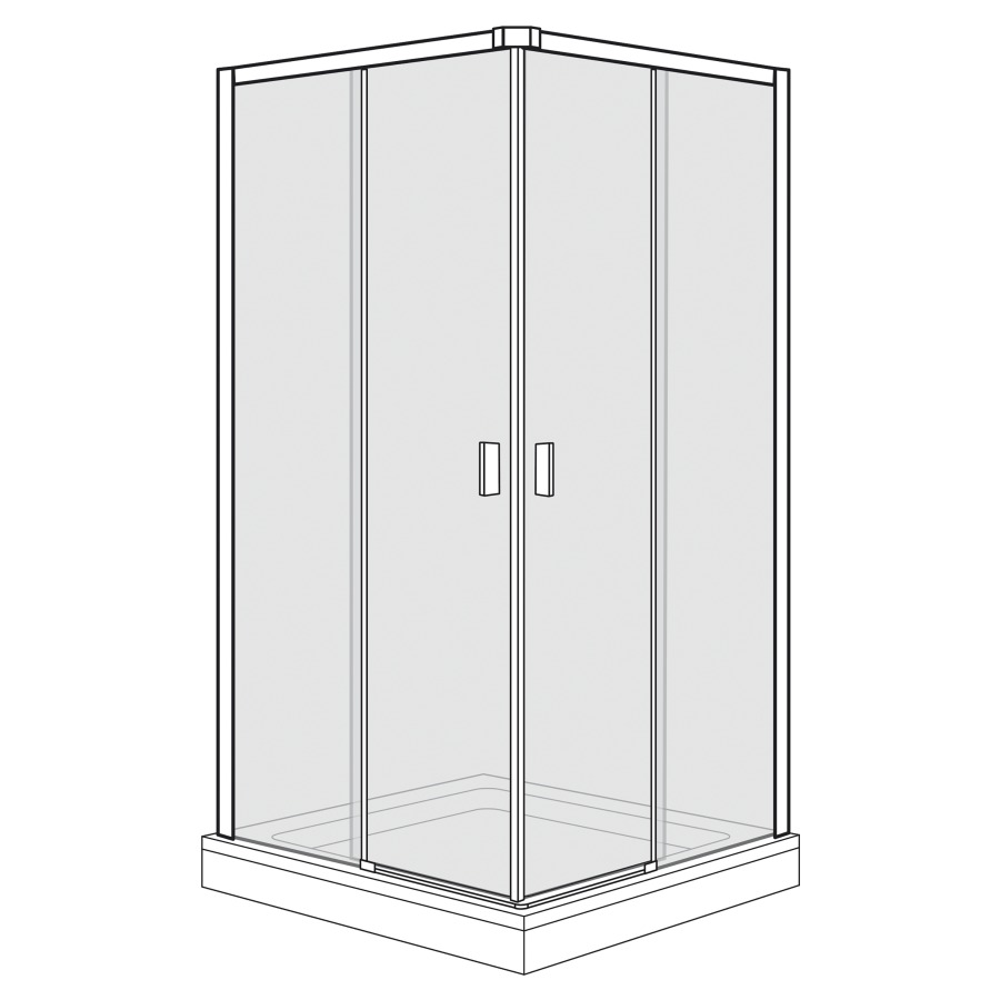 Entrée diagonale Optima 6 Plus
87.8-90.3 x 87.8-90.3 cm, H 200 cm 
porte coulissante en 2&nbsp;parties à gauche et à droite
avec cadre partiel