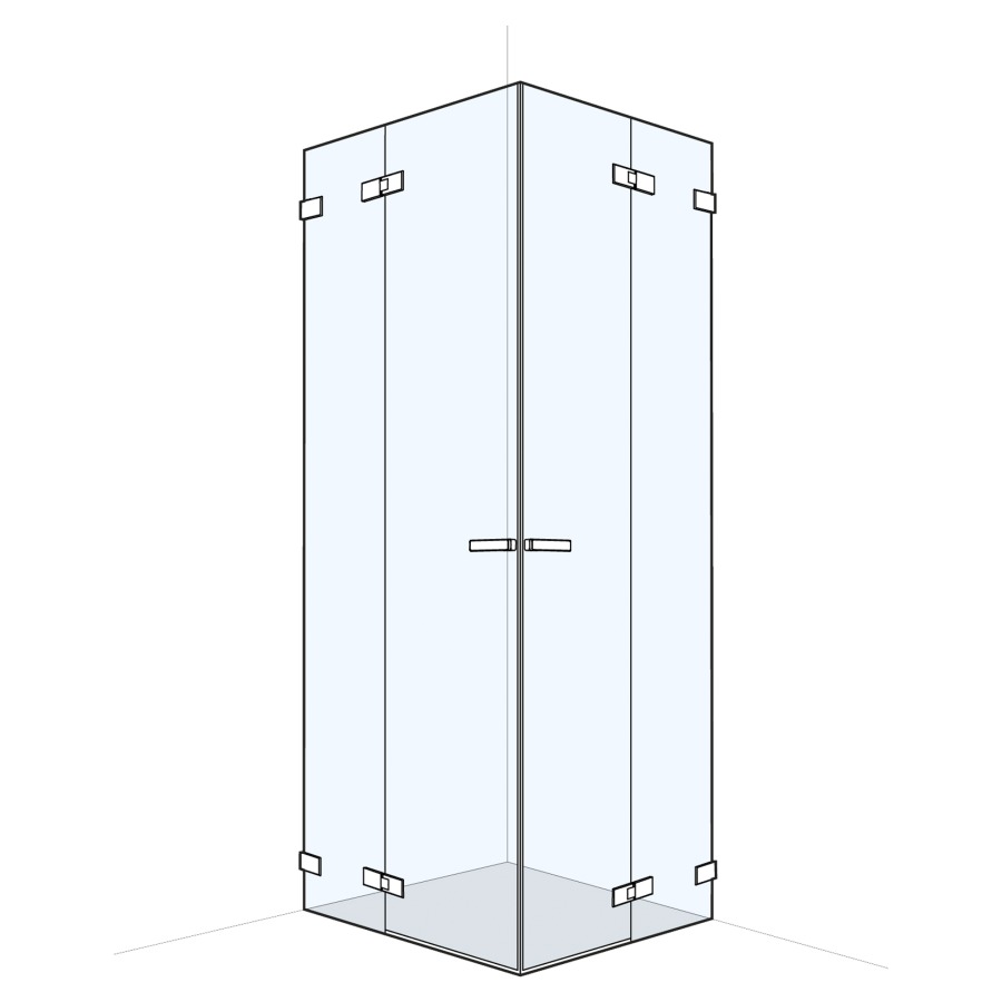 Eckeinstieg S606PLUS
100.1-150 x 100.1-150 cm, H 200 cm 
Pendeltür mit Festteil links und rechts
rahmenlos
GENAUE MASSE NACH AUSMASS