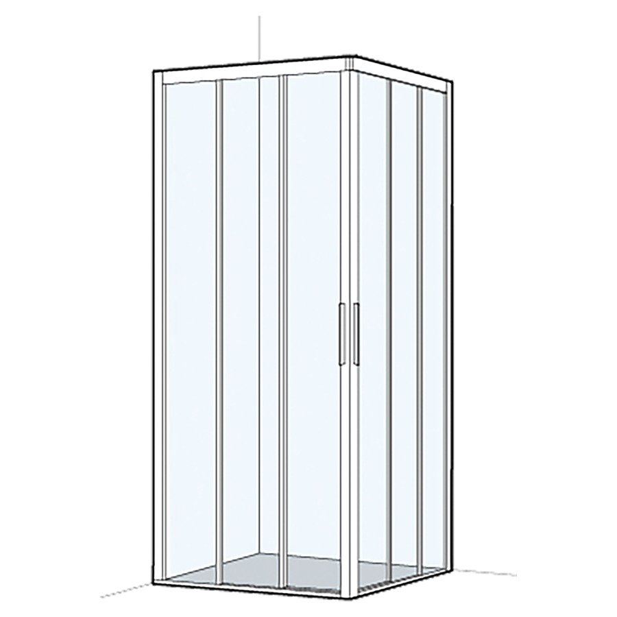 Entrée diagonale S400Plus
97.5-99 x 97.5-99 cm, H 200 cm
porte coulissante en 3&nbsp;parties à gauche et à droite
encadré