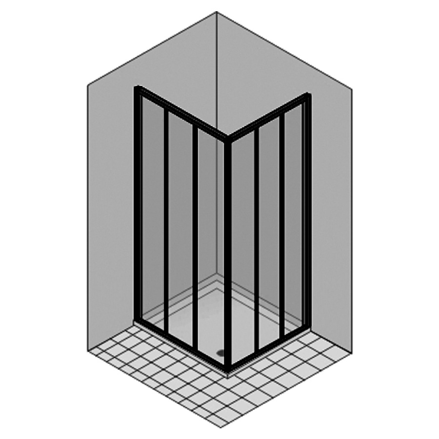 Entrée diagonale DUKESSA 3000 Glass
77.6-80.4 x 77.6-80.4 cm, H 190 cm
porte coulissante en 3&nbsp;parties à gauche et à droite
encadré, verre de sécurité 3 mm