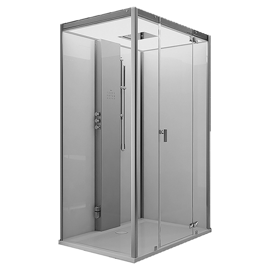 Douche à vapeur SENSE
PERIENCE
version à droite
138 x 98 x 215 cm, toit en
verre, dosseret en verre
véritable, sans receveur de
douche, panneau fonctionnel
en verre, panneau capacitive
de commande intégré en
surface en verre
porte tournante sans cadre
avec partie fixe à droite
cloison latérale à gauche
générateur à vapeur 3.0 kW
230 V 50/60 Hz, thermostat
robineterie, douche à main
avec tige de fixation
douche de pluie avec bec
en cascade et brumisation
robinet d'arrêt
LED couleurs avec
changeur en toit, interface
de bluetooth, radio, 2 haut-
parleurs, tabouret acier
inoxydable avec support PU
groupe acoustique I
