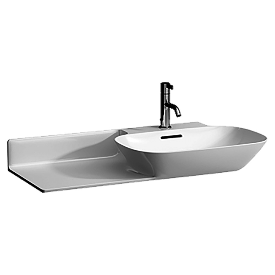 Lavabo INO
90 x 36/45 cm, SaphirCéramique
pour meuble suspendu, tablette
à gauche, avec trop-plein