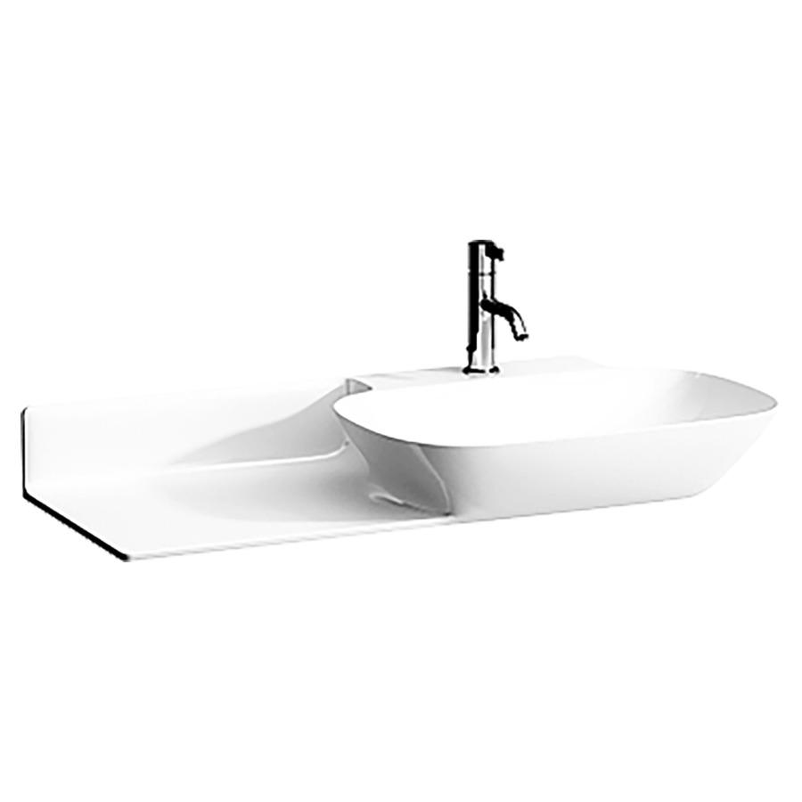 Lavabo INO
90 x 36/45 cm, SaphirCéramique
pour meuble suspendu, tablette
à gauche, sans trop-plein