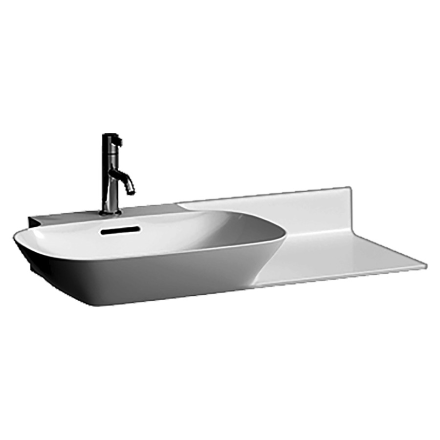Lavabo INO
90 x 36/45 cm, SaphirCéramique
pour meuble suspendu, tablette
à droite, avec trop-plein