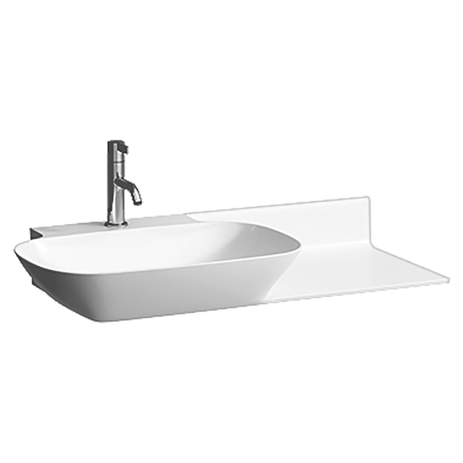 Lavabo INO
90 x 36/45 cm, SaphirCéramique
pour meuble suspendu, tablette
à droite, sans trop-plein