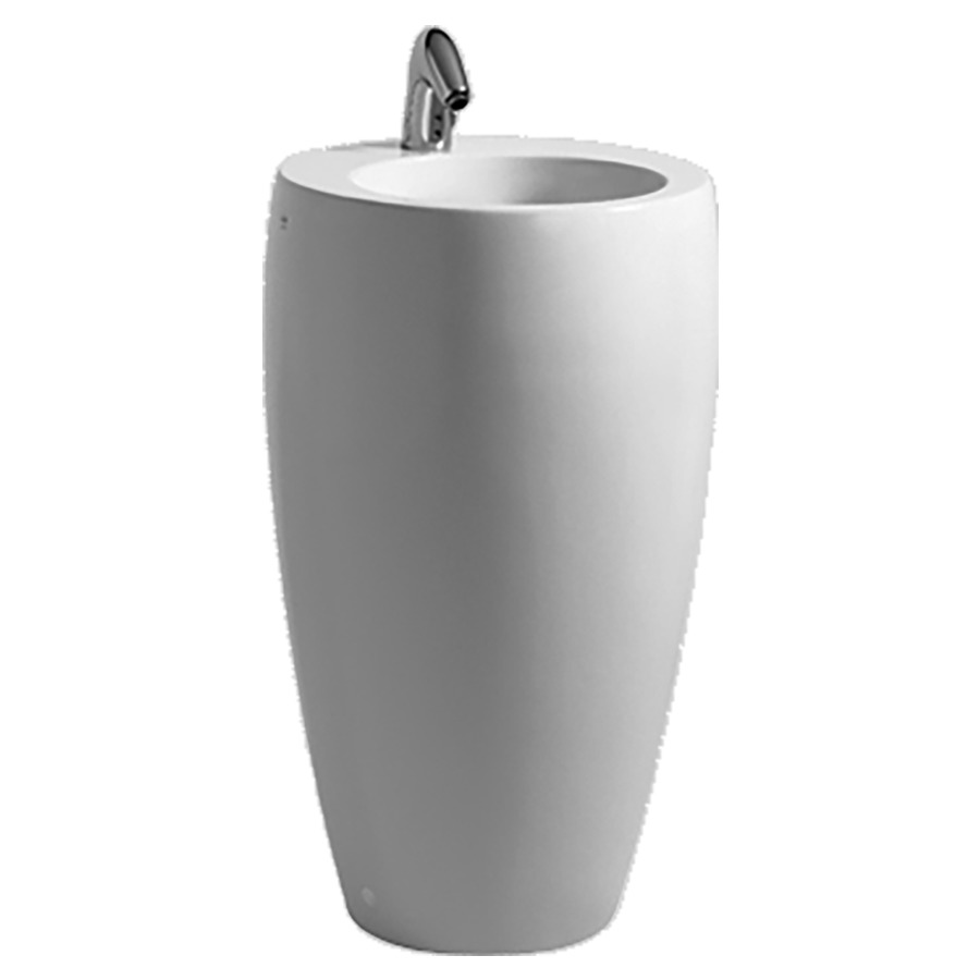 Lavabo ALESSI ONE
D 53 cm, H 90 cm, céramique
pose libre, colonne intégrée
système de vidage et de trop-
plein Clou, raccordements au
sol, tuyaux renforcés avec
robinets, siphon, raccord
pour écoulement flexible D40
matériel de fixation