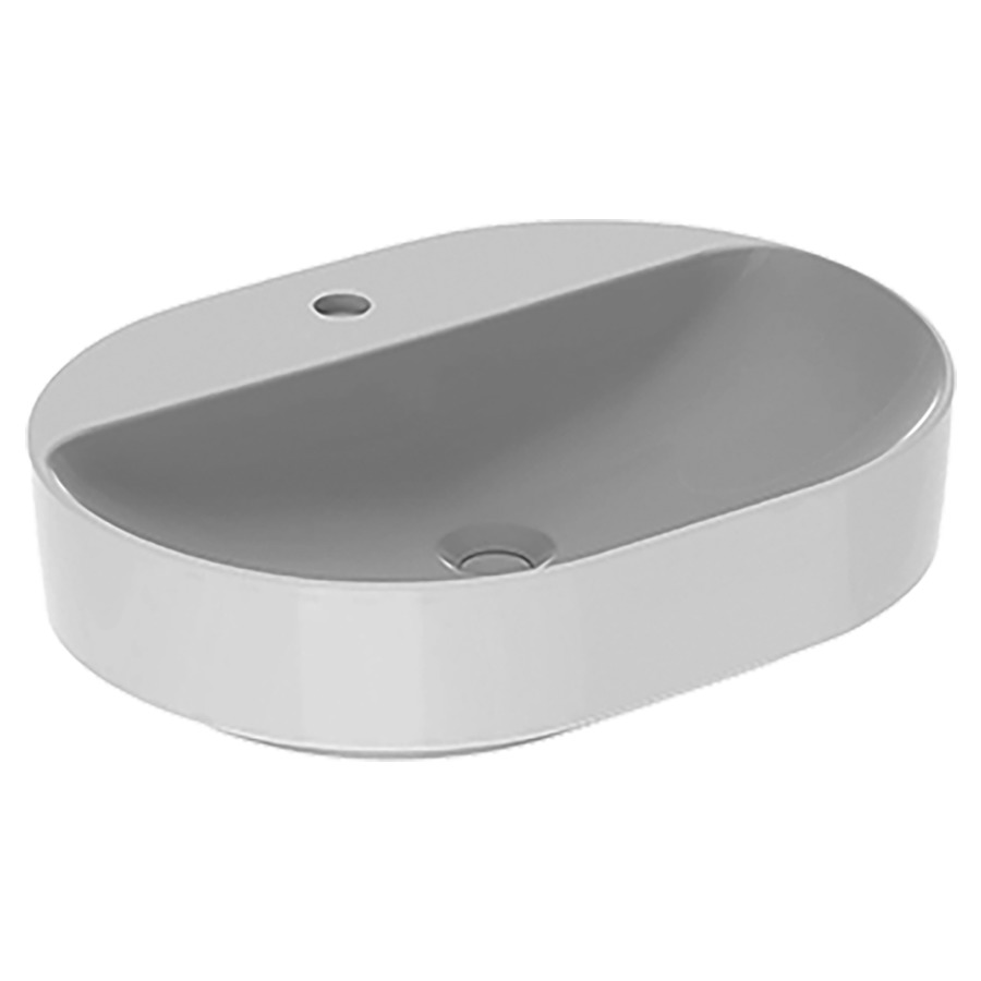 Lavabo à poser VARIFORM
60 x 16 x 45 cm, Céramique
pose libre, elliptique, sans trop-plein
avec tablette de robinetterie