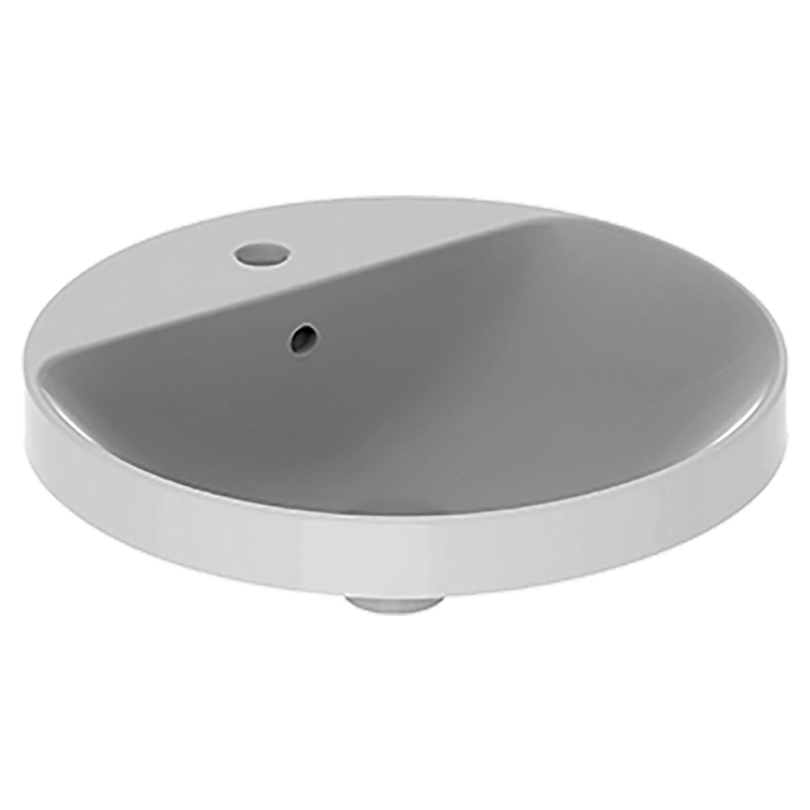 Lavabo à encastrer VARIFORM
D 48 cm, H 18 cm
Céramique, partie inférieure émaillée
encastrement par dessus, ronde
avec trop-plein
avec tablette de robinetterie