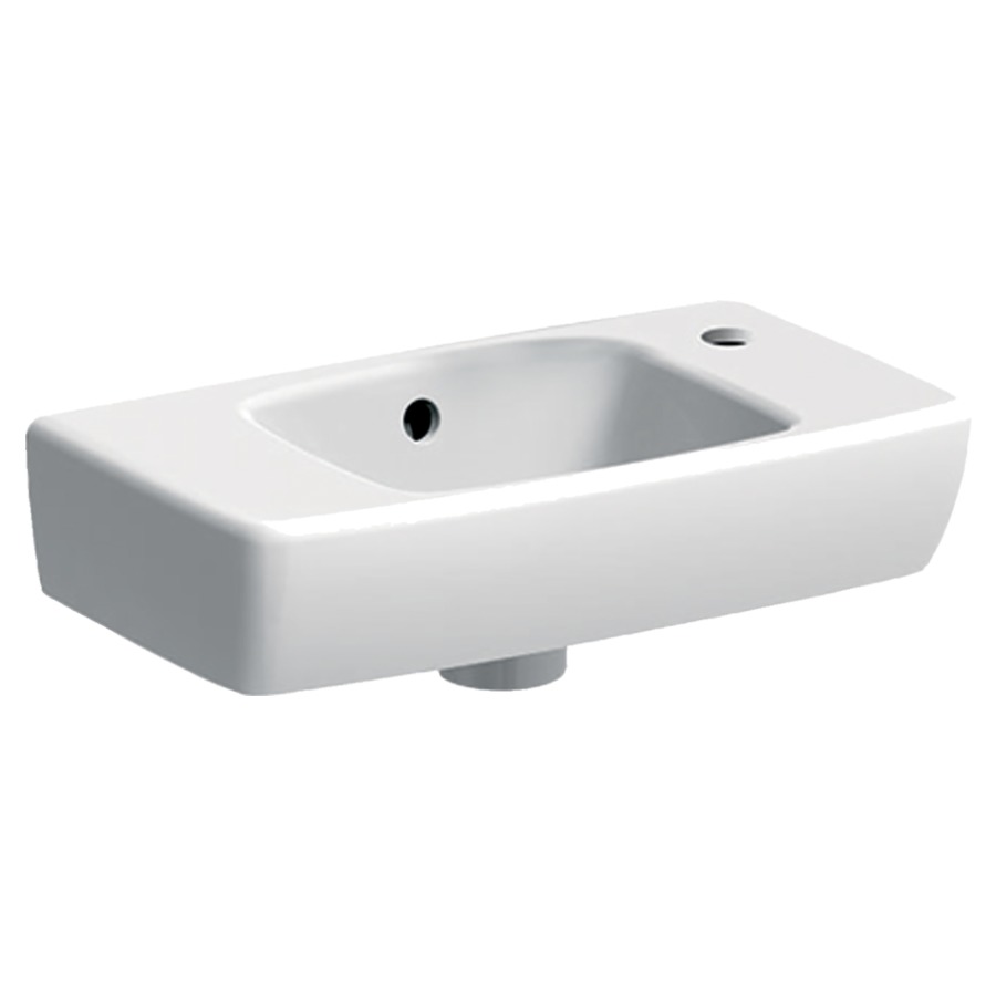 Lave-mains RENOVA COMPACT
45 x 25 x 14,5 cm, céramique
pour meuble suspendu, petite
saillie, avec espace de
rangement, avec trop-plein