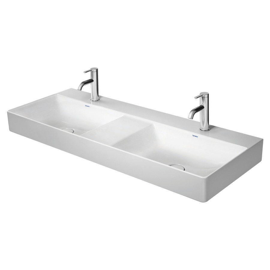Lavabo double DURASQUARE
120 x 47 cm, céramique
pour meuble suspendu, sans
trop-plein, vidage avec
enjoliveur en céramique
incluse