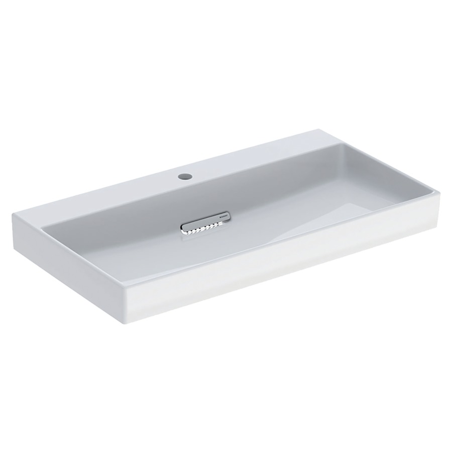 Lavabo ONE
90 x 14,2 x 48 cm, céramique
blanc, sans trop-plein, sortie
horizontale, cache
d'évacuation blanc, avec
raccordement du lavabo et
siphon modèle gain de place
