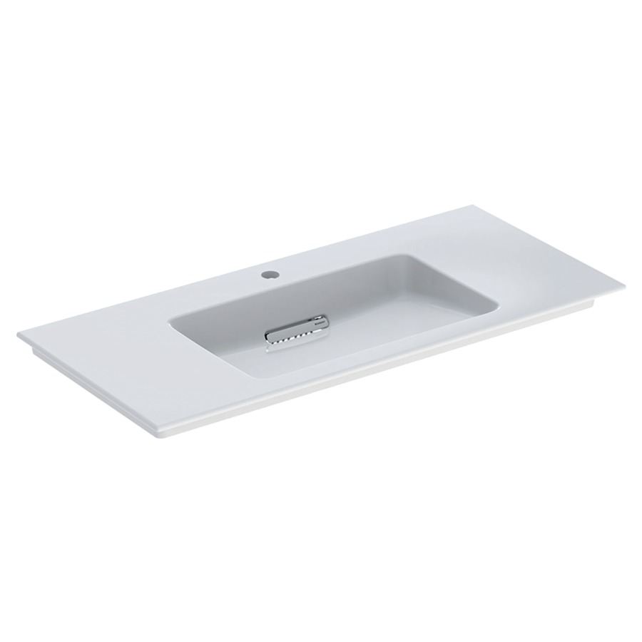 Lavabo ONE
105 x 48 x 13 cm, céramique
sans trop-plein, sortie
horizontale, cache
d'évacuation blanc, pour
montage sur meuble de lavabo
avec raccordement du lavabo et
siphon modèle gain de place