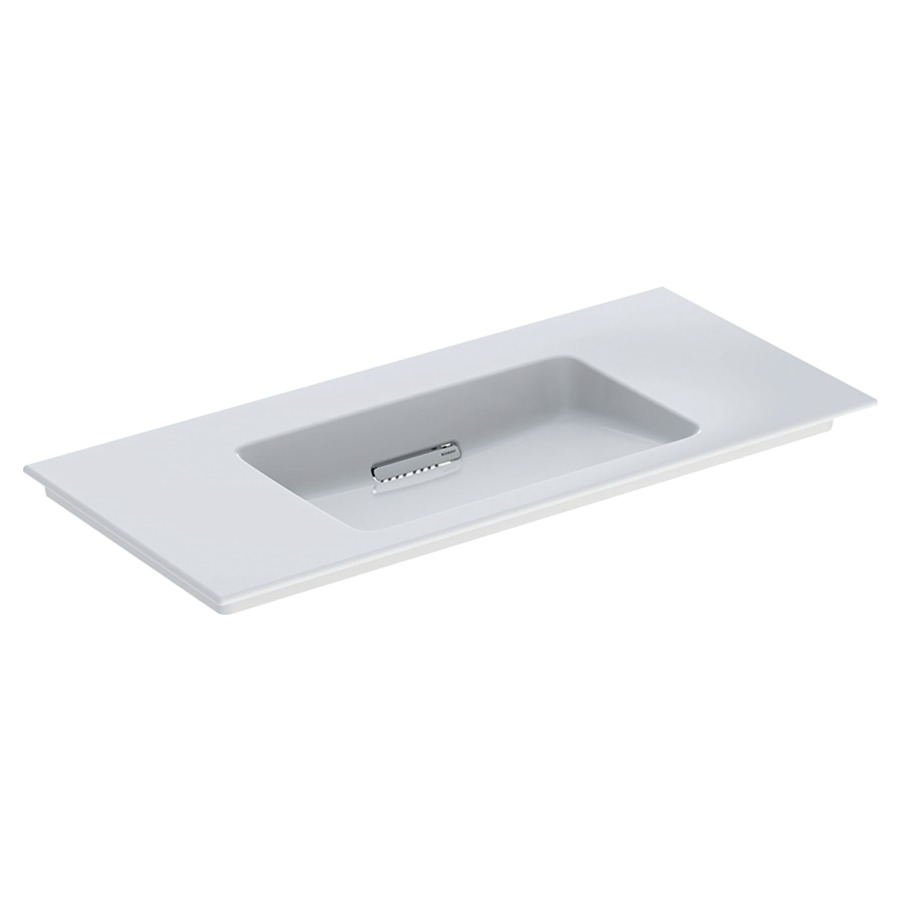 Lavabo ONE
105 x 48 x 13 cm, céramique
sans trop-plein, sortie
horizontale, cache
d'évacuation blanc, pour
montage sur meuble de lavabo
avec raccordement du lavabo et
siphon modèle gain de place