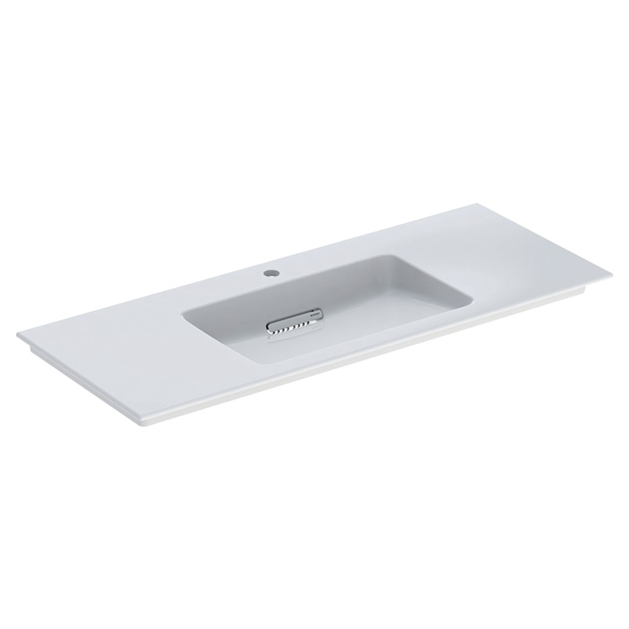 Lavabo ONE
120 x 48 x 13 cm, céramique
sans trop-plein, sortie
horizontale, cache
d'évacuation blanc, pour
montage sur meuble de lavabo
avec raccordement du lavabo et
siphon modèle gain de place