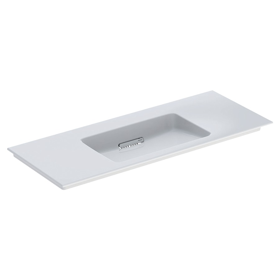 Lavabo ONE
120 x 48 x 13 cm, céramique
sans trop-plein, sortie
horizontale, cache
d'évacuation blanc, pour
montage sur meuble de lavabo
avec raccordement du lavabo et
siphon modèle gain de place