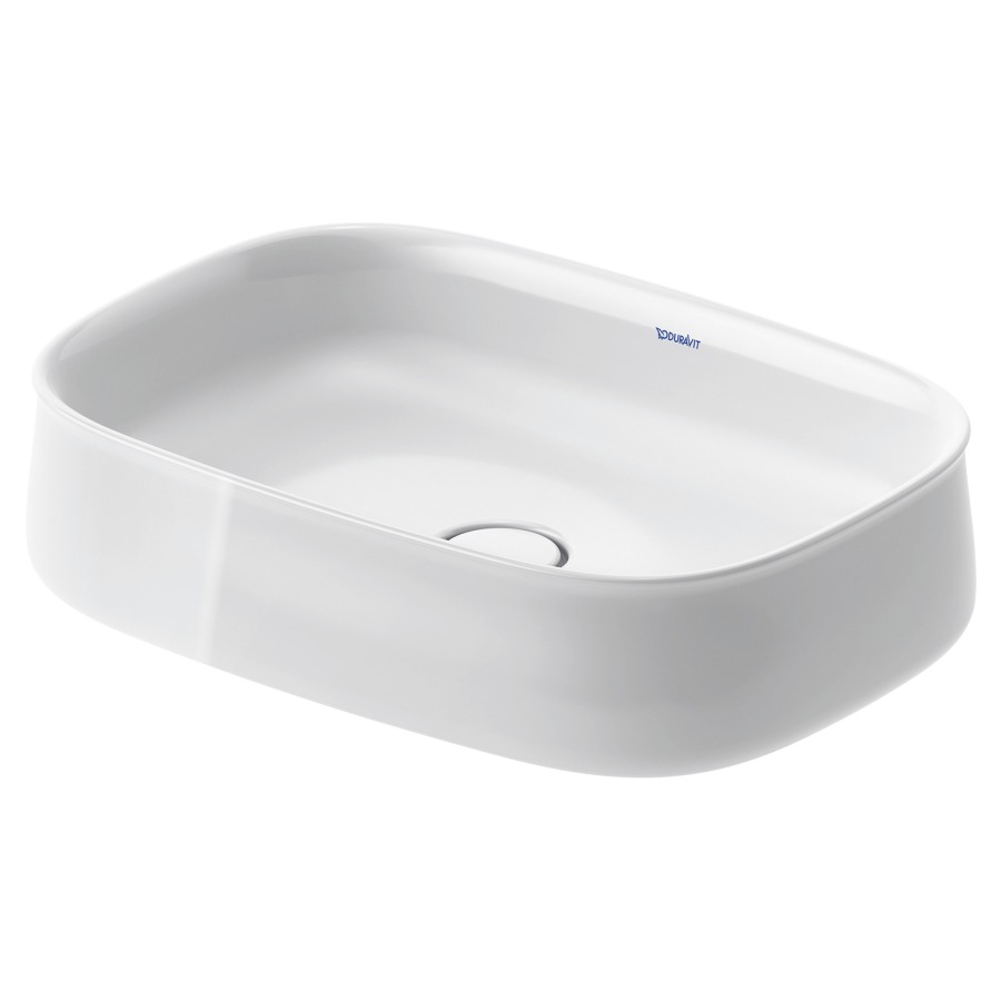 Lavabo à poser ZENCHA
55 x 39 cm, DuraCeram
poli, sans trop-plein, vidage
avec enjoliveur en céramique
incluse