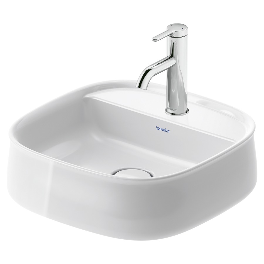 Lavabo à poser ZENCHA
42 x 42 cm, DuraCeram
poli, avec banc de robinets
sans trop-plein, vidage
avec enjoliveur en céramique
incluse