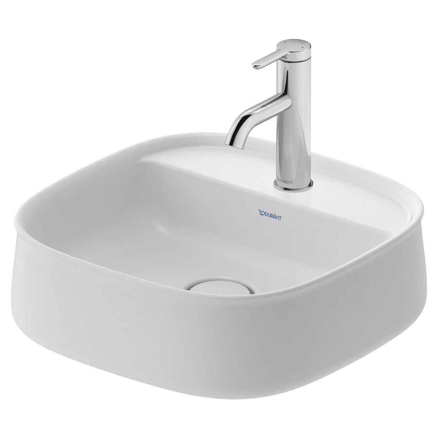 Lavabo à poser ZENCHA
42 x 42 cm, DuraCeram
poli, avec banc de robinets
sans trop-plein, vidage
avec enjoliveur en céramique
incluse
