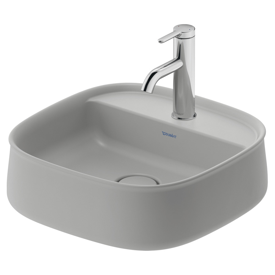Lavabo à poser ZENCHA
42 x 42 cm, DuraCeram
poli, avec banc de robinets
sans trop-plein, vidage
avec enjoliveur en céramique
incluse
