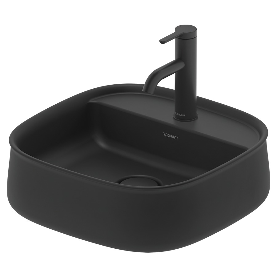 Lavabo à poser ZENCHA
42 x 42 cm, DuraCeram
poli, avec banc de robinets
sans trop-plein, vidage
avec enjoliveur en céramique
incluse