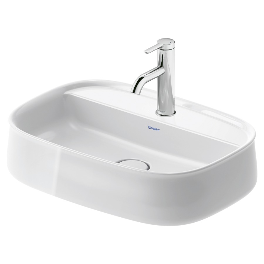 Lavabo à poser ZENCHA
55 x 39 cm, DuraCeram
poli, avec banc de robinets
sans trop-plein, vidage
avec enjoliveur en céramique
incluse