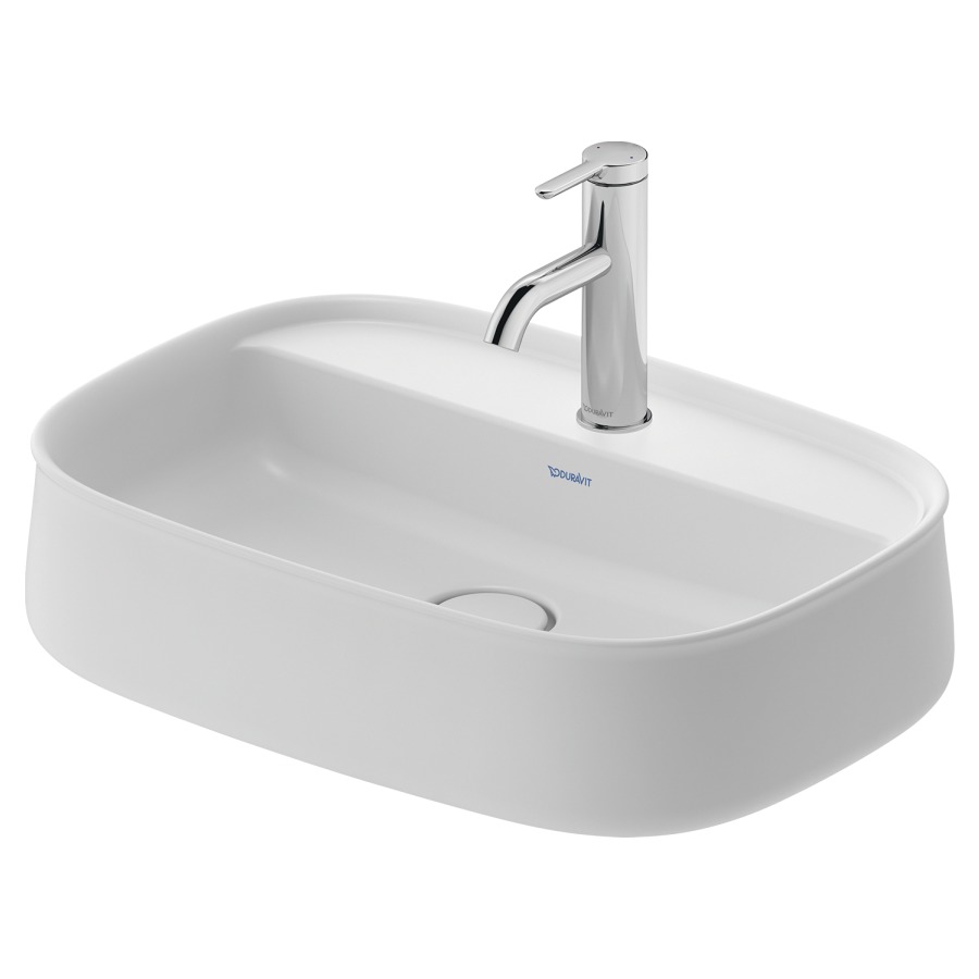 Lavabo à poser ZENCHA
55 x 39 cm, DuraCeram
poli, avec banc de robinets
sans trop-plein, vidage
avec enjoliveur en céramique
incluse