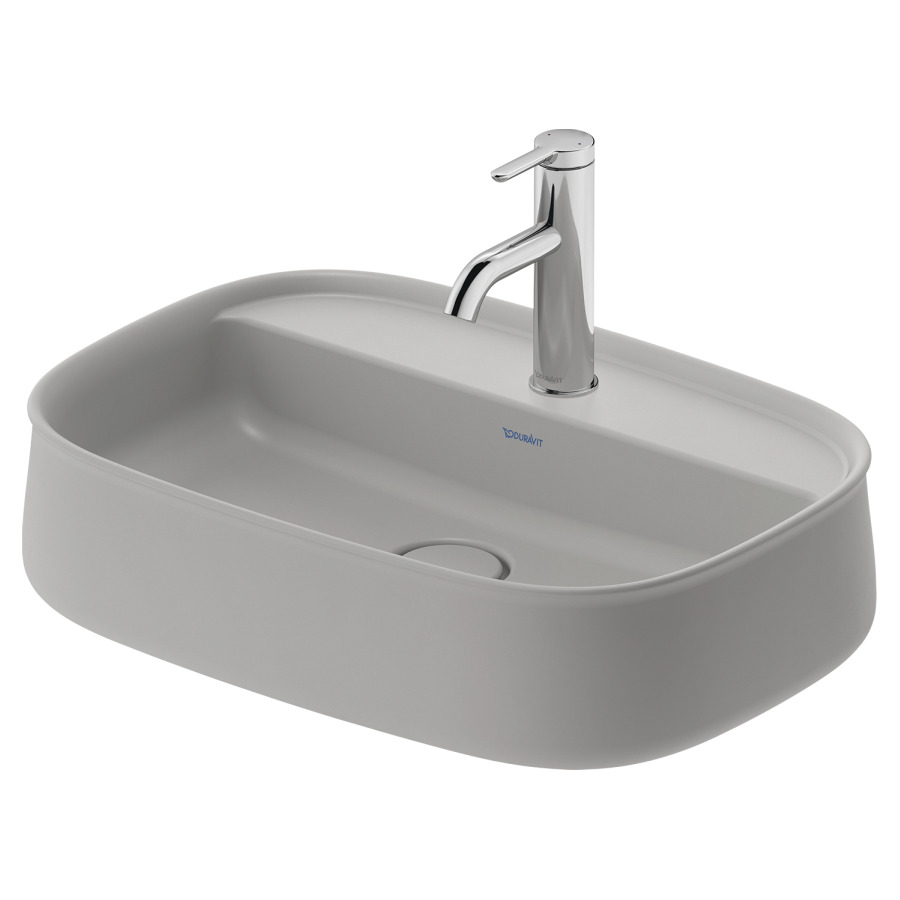 Lavabo à poser ZENCHA
55 x 39 cm, DuraCeram
poli, avec banc de robinets
sans trop-plein, vidage
avec enjoliveur en céramique
incluse