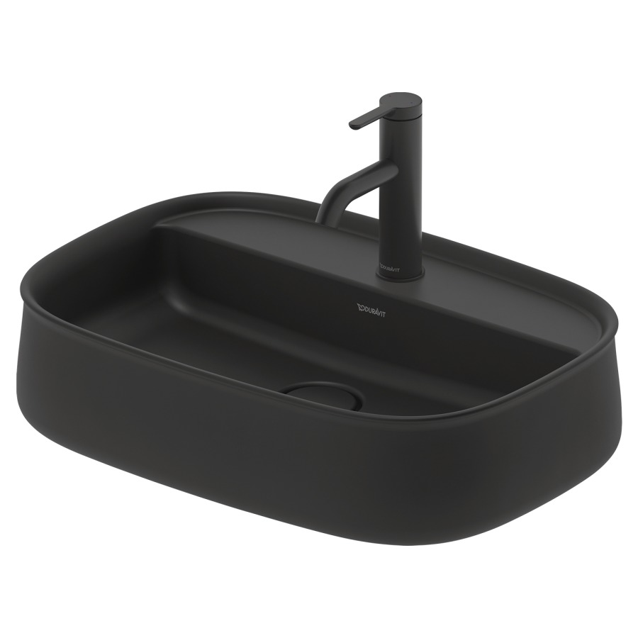 Lavabo à poser ZENCHA
55 x 39 cm, DuraCeram
poli, avec banc de robinets
sans trop-plein, vidage
avec enjoliveur en céramique
incluse