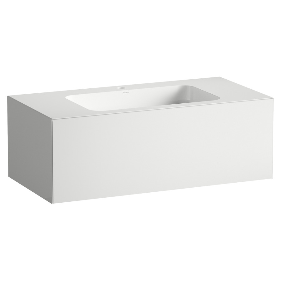 Lavabo FOLIO
100,4 x 50 x 35 cm
lavabo acier vitrifié blanc
sans trop-plein, meuble
inférieur avec tiroir à
extrait complet, Push-open
vidage avec plaque blanche
vitrifié, Siphon gain de place
matériel de fixation