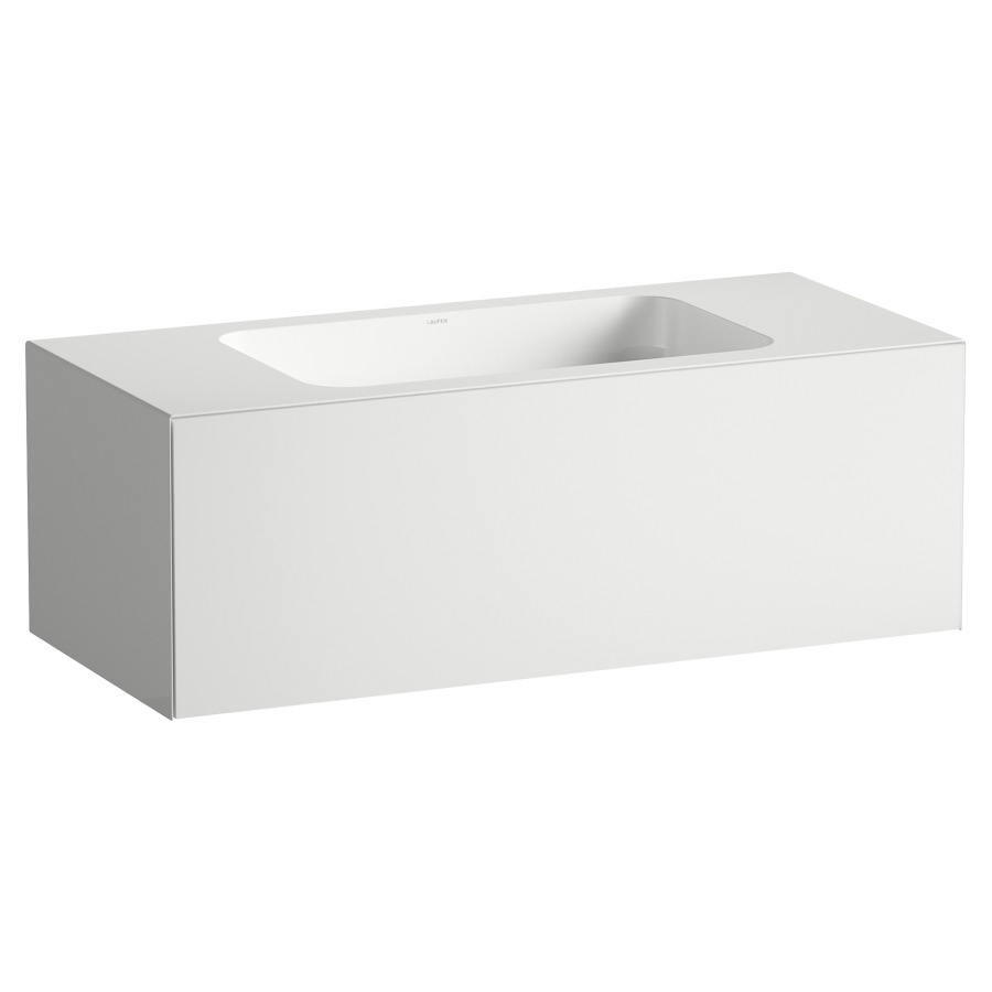 Lavabo FOLIO
100,4 x 45 x 35 cm
lavabo acier vitrifié blanc
sans trop-plein, meuble
inférieur avec tiroir à
extrait complet, Push-open
vidage avec plaque blanche
vitrifié, Siphon gain de place
matériel de fixation