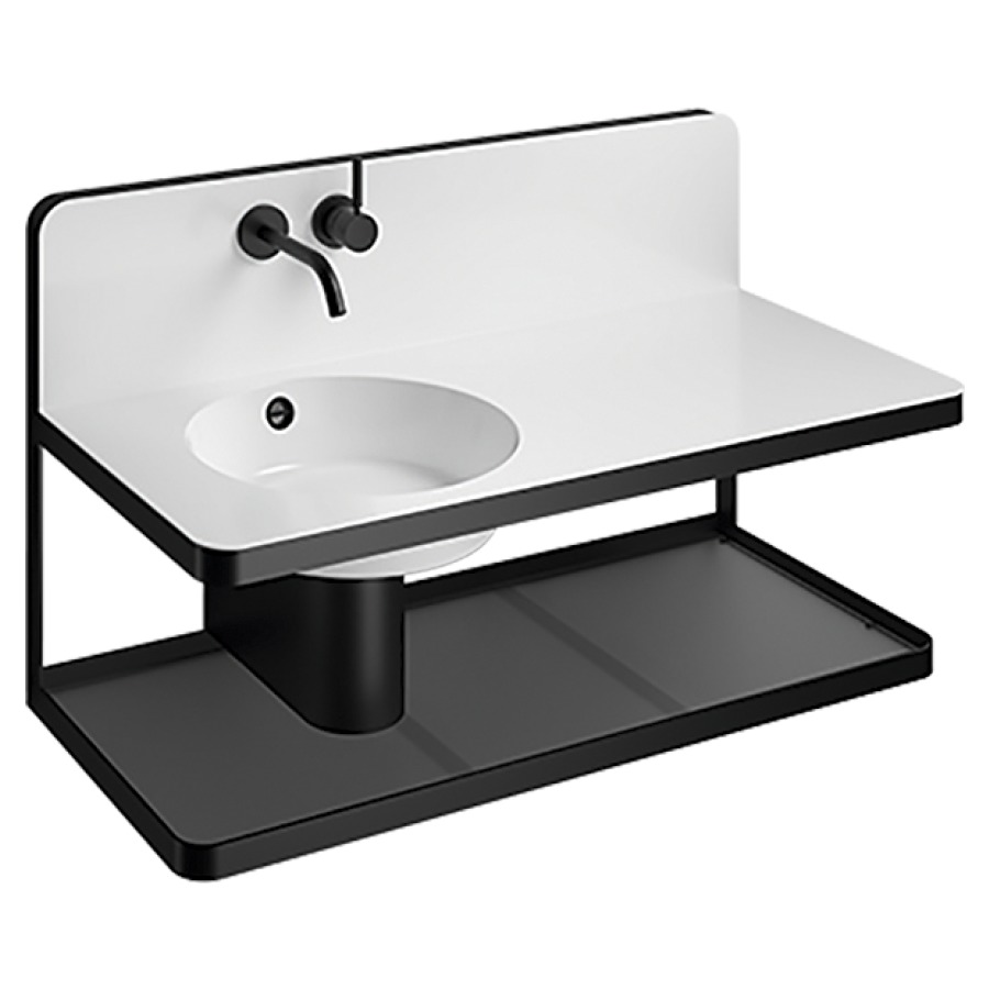 Lavabo Steel19
100,0 x 49,0 x 59,0 cm
lavabo à gauche D 37,4 cm
acier vitrifié, avec trop-
plein, console acier noir mat
matériel de fixation
dispositif de trop-plein
bonde avec fonction de retenue
d'eau, bouchon de soupape
blanc vitrifié, siphon, cache-
siphon noir mat, tablette en
verre, robinetterie de sortie
murale dans le splashback