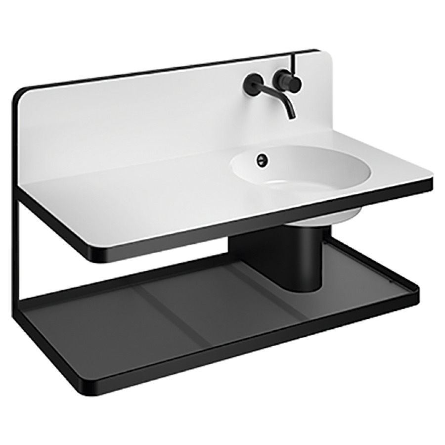 Lavabo Steel19
100,0 x 49,0 x 59,0 cm
lavabo à droite D 37,4 cm
acier vitrifié, avec trop-
plein, console acier noir mat
matériel de fixation
dispositif de trop-plein
bonde avec fonction de retenue
d'eau, bouchon de soupape
blanc vitrifié, siphon, cache-
siphon noir mat, tablette en
verre, robinetterie de sortie
murale dans le splashback