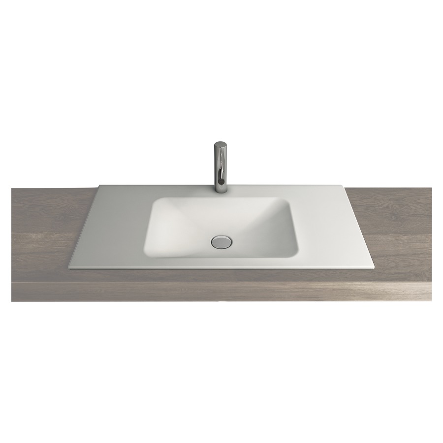 Lavabo à insérer LOTUS
90 x 45 x 1 cm, acier
sans trop-plein, avec tablette
de robinetterie, lavabo au
milieu
