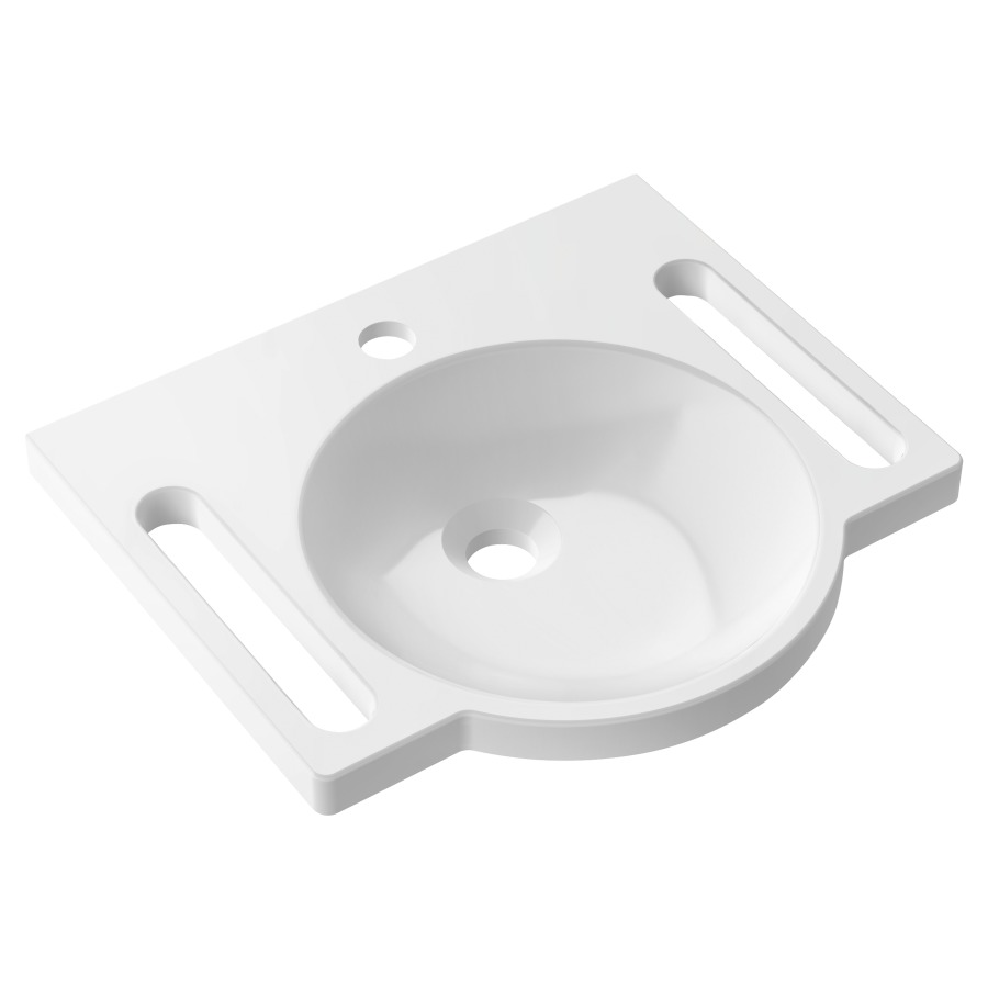 Lavabo HEWI
45 x 40 cm
coulée minérale, poignées
intégrées utilisables
comme porte-serviettes
sans trop-plein