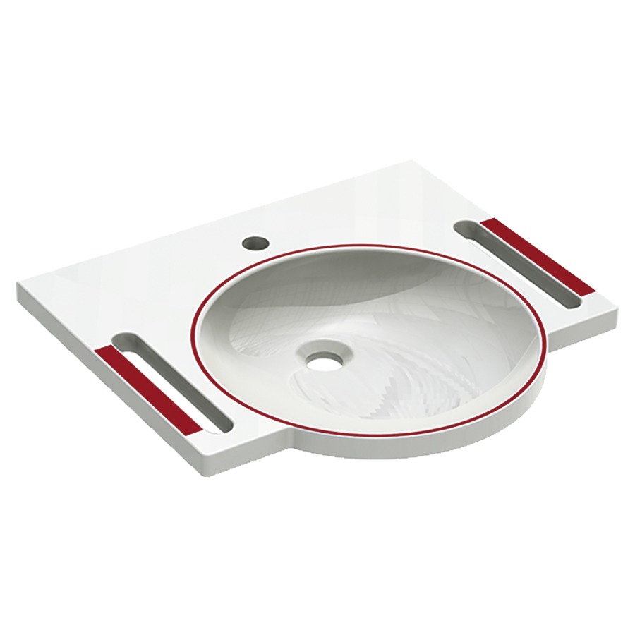 Lavabo HEWI
60 x 55 cm, coulée minérale
avec marque rouge, poignées
intégrées utilisables
comme porte-serviettes
sans trop-plein