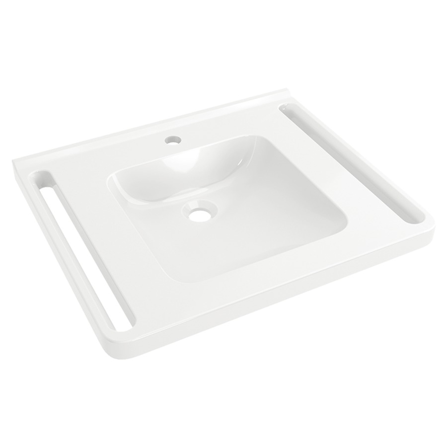Lavabo HEWI
65 x 55 cm, coulée minérale
poignées intégrées utilisables
comme porte-serviettes
lavabo carré, sans trop-plein