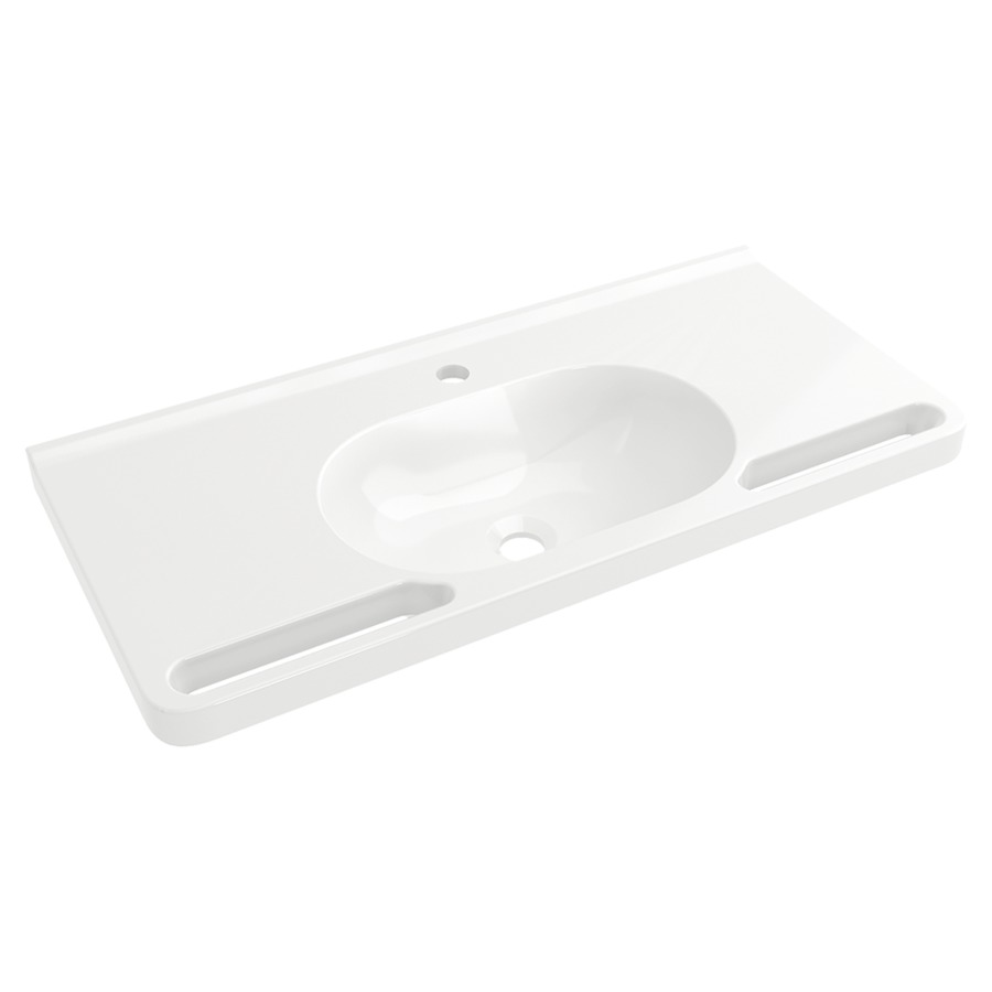 Lavabo HEWI
85 x 40 cm, coulée minérale
poignées intégrées utilisables
comme porte-serviettes
avec surface de dépose, lavabo
ovale, sans trop-plein