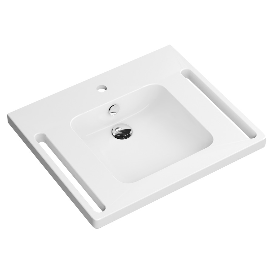 Lavabo HEWI
65 x 55 cm, coulée minérale
poignées intégrées utilisables
comme porte-serviettes
lavabo carré, avec trop-plein
avec rosace et cache