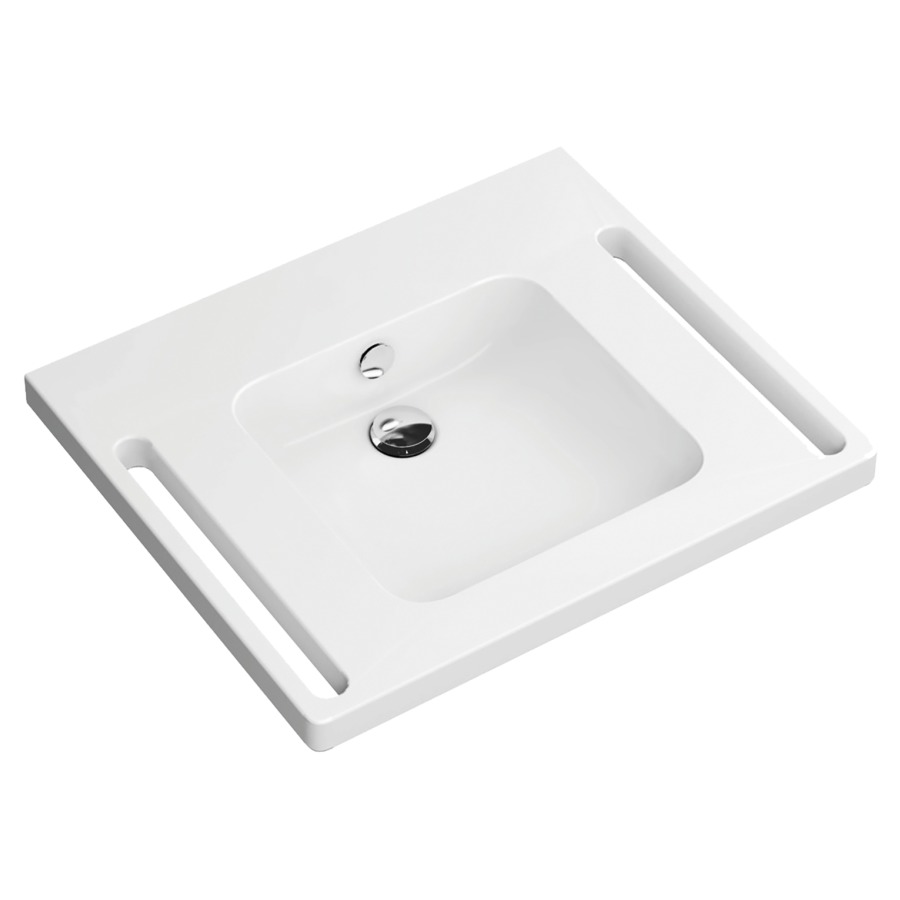 Lavabo HEWI
65 x 55 cm, coulée minérale
poignées intégrées utilisables
comme porte-serviettes
lavabo carré, avec trop-plein
avec rosace et cache