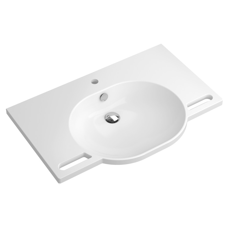 Lavabo HEWI
85 x 55 cm, coulée minérale
poignées intégrées utilisables
comme porte-serviettes
lavabo ovale, avec trop-plein
avec rosace et cache