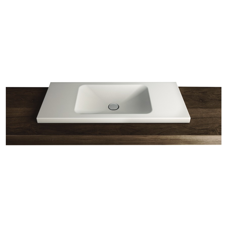 Lavabo à poser LOTUS
90 x 40 x 4 cm, acier
sans trop-plein, sans tablette
de robinetterie, lavabo au
milieu