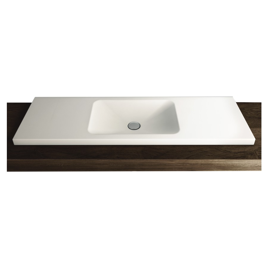 Lavabo à poser LOTUS
120 x 40 x 4 cm, acier
sans trop-plein, sans tablette
de robinetterie, lavabo au
milieu