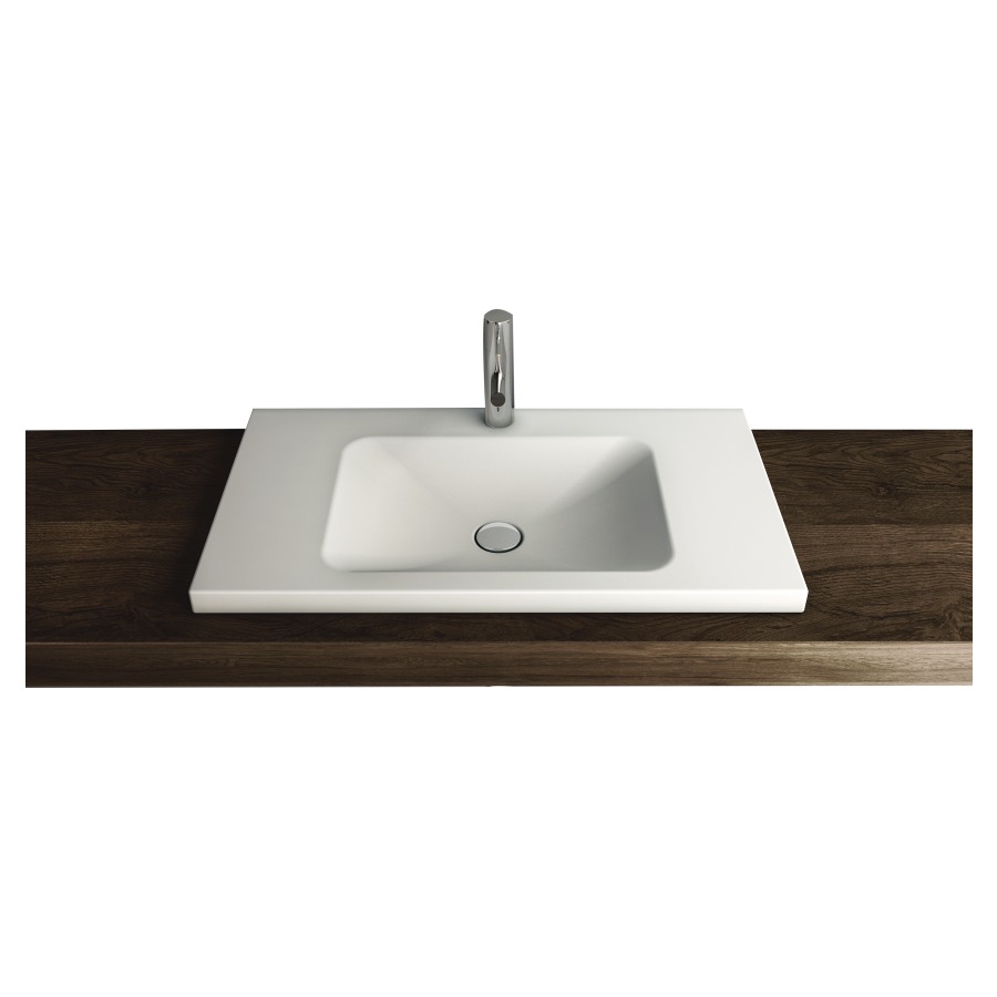 Lavabo à poser LOTUS
80 x 45 x 4 cm, acier
sans trop-plein, avec tablette
de robinetterie, lavabo au
milieu